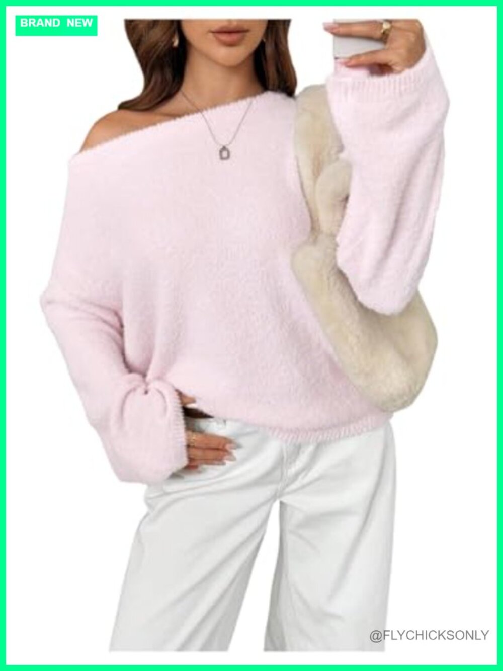 Off The Shoulder Fuzzy Knit Pullover Sweater Loose Fit Long Sleeve